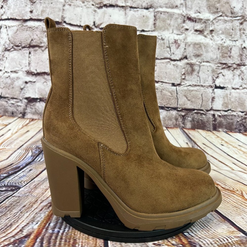 Nine West Solid Brown Pull On High Heel Low Platform Ankle Boots Size 9.5 M